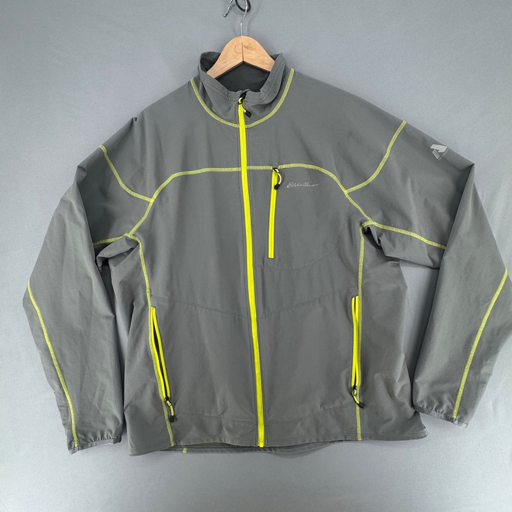 Eddie Bauer First Ascent Mens XL Gray Softshell Jacket Neon Yellow Trim Full Zip